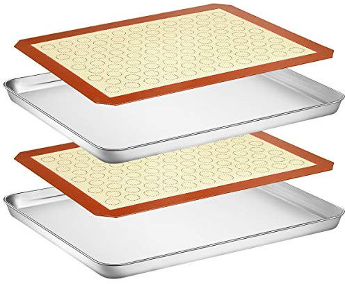 Wildone Baking Sheet with Silicone Mat Set, Stainless Steel Cookie Pan with Baking Mat, Size 16 x 12 x 1 Inch, Set of 4-2 Sheets + 2 Mats