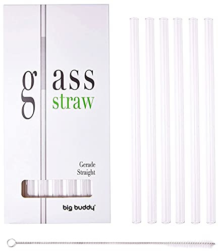 Big Buddy ® Glas Strohhalme, 6 Stück in Geschenkverpackung, Glasstrohalme Wiederverwendbare Trinkhalme aus stabilem Borosilikat-Glas, Glasstrohhalm