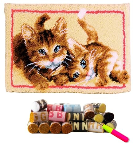 DL-YTG Latch Hook Kits Rug Cat Crochet Yarn Cushion Colour Pre-Printed Canvas Cover Rug Needlework DIY Hook and Latch Kit Home Decoration 52x38cm/20 X15inch