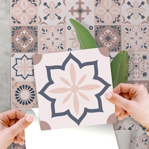 WALPLUS Menara Pink and Grey Cement Moroccan Tile Stickers 15 x 15 cm, 24 PCS Peel and Stick Self Adhesive Wall Tiles, Waterproof Kitchen Bathroom Splashback Decals