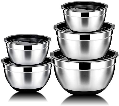 HaWare Lot de 5 saladiers en acier inoxydable avec couvercle hermétique et fond en silicone antidérapant, empilables et polyvalents, passent au lave-vaisselle, 6,6 l, 3,5 l, 2,5 l, 1,5 l, 1 l, noir