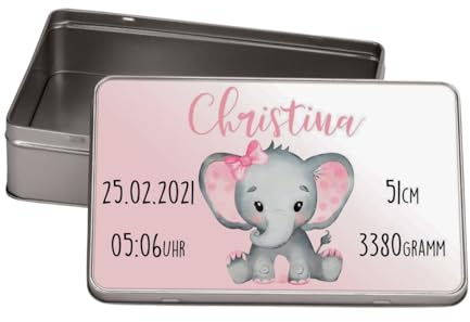 Personalisierte Baby Erinnerungsbox zur Geburt mit Namen und Datum Elefant Erinnerungskiste Taufe Geschenkschachtel Taufgeschenk Metalldose