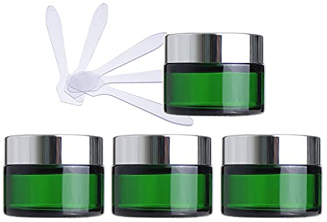 ZEOABSY 4 Pièce Petits Pots en Verre 30ml Vert Bocaux en Verre Cosmétique avec Bouchon à vis Argent Vides avec Bouchon Intérieur et 4X Spatule pour Crèmes Fait Maison,Poudres,Baume À Levrès