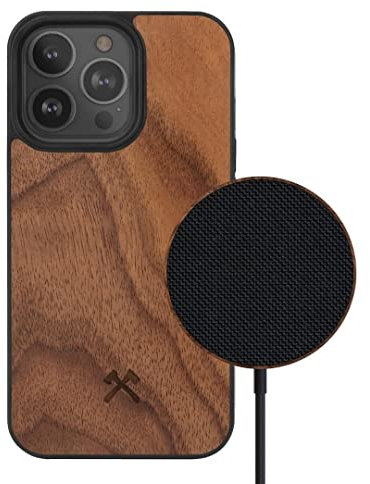 Woodcessories - Magnetisches Bumper Case kompatibel mit iPhone 13 Pro Hülle mit MagPad Ladegerät aus Holz, Walnuss