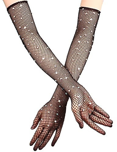 Strass Lange Fischnetz Handschuhe Vintage Fischnetz Handschuhe Vollfinger Lange Schwarze Handschuhe Verkleidung für Frauen Dehnbar Mesh Abendhandschuh Armstulpen Handschuhe für Halloween Disco Cosplay