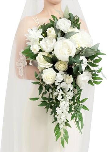 Ling's moment White Bridal Bouquet Cascading, Ivory Wedding Bouquets for Bride, 15 Inch Bride Bouquets for Wedding Artificial Flowers Bouquets