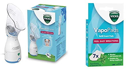 Vicks Sinus Inhaler - Sinus relief - Ease coughs, colds or blocked noses - Adjustable steam control - VH200 & VapoPads Menthol - Scented pads with essential oils - 7 pack - VH7