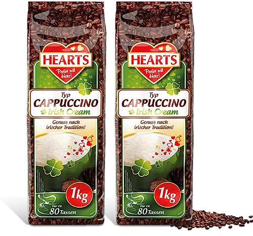 Hearts Cappuccino Irish Cream, Lot de 2 (2 x 1 kg), poudre de café instantanée soluble, 160 tasses, plaisir selon la tradition irlandaise