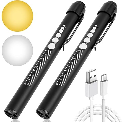 Flintronic Linterna de Bolígrafo de Diagnóstico Médico, 2PCS Luz Médica con Escala de Medición, 2 Modos Linterna de Diagnóstico con Clip, para Enfermeros, Médicos, Cuidado Personal, Iluminación. | 2 Modos, Recargable, con Medidor de Pupila y Clip, con Cable de Carga Tipo C, para Cuidado Personal, Iluminación