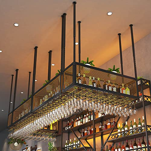 Casier à vin Rustique Barre de Suspension à LED réglable Support de Verre à vin Support de Stockage en Verre de Plafond pour différents Types de gobelets, adapté au café de Bar