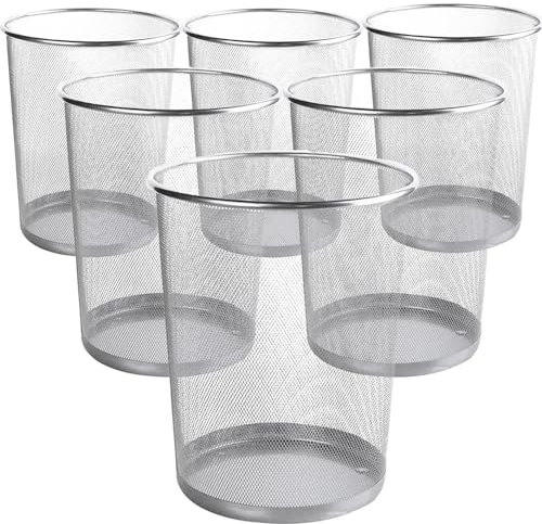 AYSUM 6 Pack Metal Mesh Waste Paper Bin 12 Litres Lightweight Mesh Wastebasket Waste Bin Black Metal Rubbish Bin for Bedroom, Office, Bathroom, Kitchen (6x Silver)