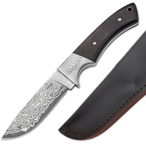 BÖKER PLUS® M-One Damast Jagdmesser - edles Damastmesser mit feststehender Klinge & Leder-Scheide - Fahrtenmesser mit Eben-Holz Griff - Damaszener Outdoor Messer in Geschenk-Box