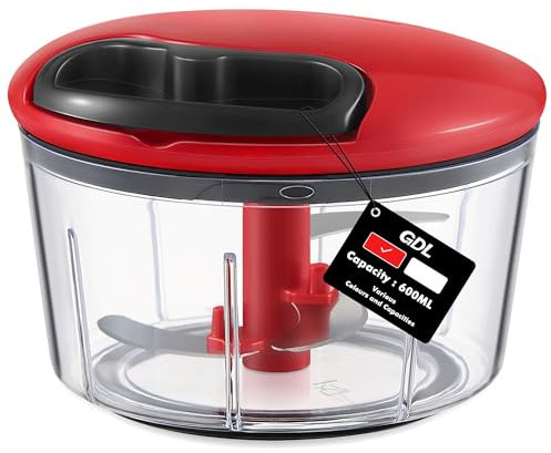 GDL Manual Food Chopper 600ML Vegetable Processor with Pull String - Hand Cutter for Onion, Carrot, Garlic, Meat, Fruits, Nuts (Red)