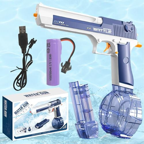 ZZQVIP Rechargeable Water Battle Wasserpistole Elektrisch, Wasserspritzpistole Kinder mit LED-Licht, EIN-Knopf Automatische, Doppelmagazin Große Kapazität, Geeignet für Sommer, Pool(Blau)
