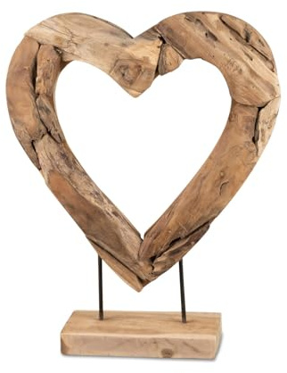 formano Deko Objekt Herz Holz Skulptur aus massivem Teakoholz 64 cm auf Standfuß, modernes Wohnaccessoire mit Herzform für Sideboard, Regal & Büro