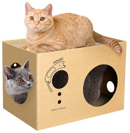 Casa de cartón para gatos con 2 tablas de rascar, 17 pulgadas de largo x 12 pulgadas de ancho x 13 pulgadas de alto, casas de juego para gatos de interior, casa rascadora para gatos con cartón