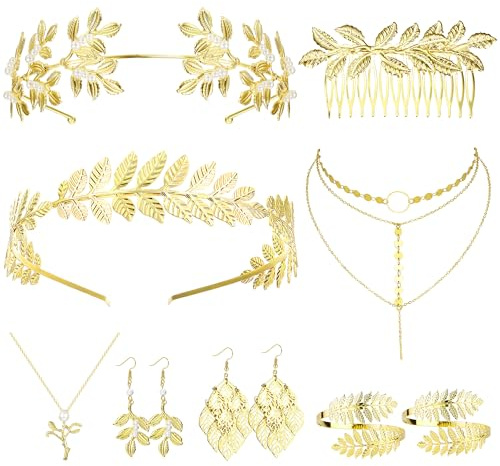 Finrezio Accesorios Joyas Diosa Griega para Mujer Diadema Hojas Brazalete Espiral para Laurel Hojas Corona Accesorios Parte Superior Brazo Pendientes Colgantes para Boda Toga Fiesta Boda Halloween