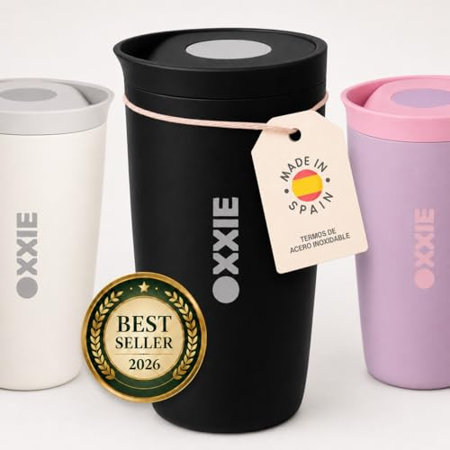 OXXIE Vaso Termo Cafe Para Llevar Pequeño 350ml, Vaso Termico, Aislamiento de Doble Pared, Taza de Cafe de Acero Inoxidable, Taza Termica con Tapa Hermetica, Reutilizable y Antigoteo (Negro)