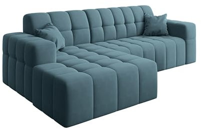 Kaiser Möbel - Ecksofa mit Wohnlandschaft, Eckcouch L Form, Polstersofa, Bequemes Couch mit Ottomane für Wohnzimmer, Relaxsofa, Veloursstoff, Zierkissen, Lounge-Set L-Form, Nimes L, Blau, Links