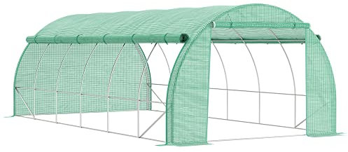 Outsunny Serre de Jardin 18 m² dim. 6L x 3l x 2H m avec Porte + parois latérales zippées enroulables, 12 fenêtres, Acier PE Haute densité 140 g/m² Anti-UV Vert