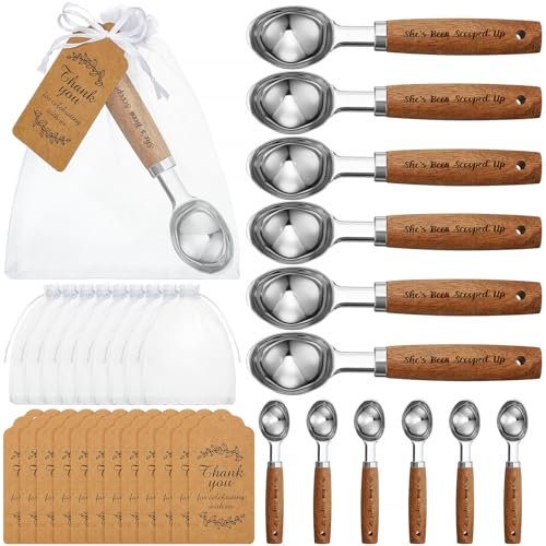 Hushee 12 Set Ice Cream Scoop Shes Been Scooped Up Scooper with Wood Handle Metal Ice Cream Spoon with Cards Organza Bags for Wedding Party Favors Bridal Shower Decoration Couple Gifts Gelato Sorbet