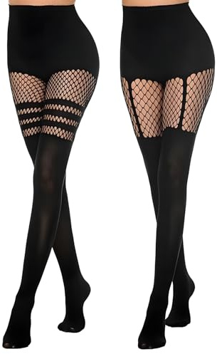 Women's Fishnet Tights Mock Thigh High Socks Suspender Tights Fishnet Stockings Fashion Fishnets Suspenders and Stockings Set 2 Pairs (UK, Alpha, One Size, Regular, Regular, Black Fishnet Stockings)