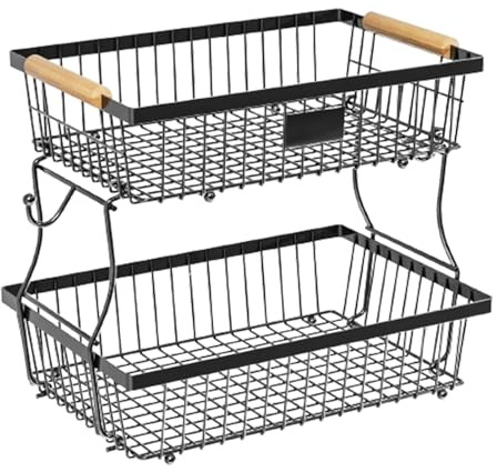 Generic Iron 2-Tier Fruit Vegetable Rack - Countertop Organizer Bowl with Banana Hangers, Multicolor, 41x24x29cm, Kitchen, Pantry, Daily Use, Bathroom