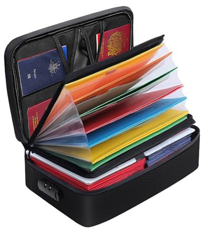 Coffre Fort Anti Feu, Coffre Fort Ignifuge et Etanche, Petit Boite Anti Feu, Pochette Etanche Document avec Serrure, A4 Porte Document avec 7 Compartiments, Pour la Maison et le Bureau