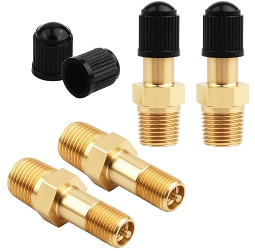 4 Set Gold 1/8 Schrader-Valve, Metal 1/8 Tank Valve, Brass Pipe with Air Compressor Tank with Sealing Caps/Anti-Corrosion Brass-NPT-Schrader-Valveing for Air Chuck, Semi Trucks Trailers