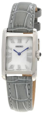 Seiko Klassik Armbanduhr für Damen in der Farbe Grau mit Armband aus Leder, Wasserdichtigkeit: 5 bar, Gehäusedurchmesser: 22 mm, SWR099P1