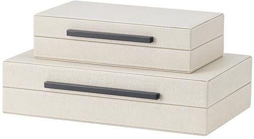 Set of 2 Beige Shagreen Decorative Storage Boxes with Black Metal Handles – Faux Leather Jewelry & Memory Boxes, Nesting Photo Organizers for Home Decor