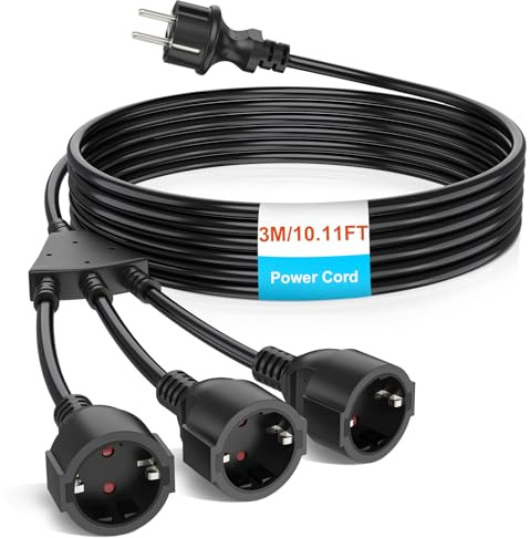 HITRENDS Schutzkontakt Verlängerungskabel Außen mit Multistecker, AC Schuko Kunststoffkabel Mit 3-Fach Steckdosen, für Zuhause, Büro, Außenbereich, 3 x 1,5mm², bis 250V/13A, 3M, Schwarz