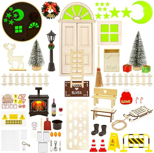 55Pcs Wichteltür Set,Wichtelzubehör Weihnachten,Weihnachten Wichtelhaus Im Dunkeln Leuchten,Wichtel-Baustelle Komplettset,Miniatur Elfentür Wichtelhaus mit licht, Wichtel-Tür DIY Starterset