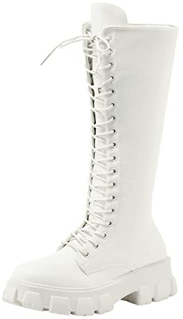 Women'S Knee High Platform Boots - Lace-Up Chunky Heel, Lug Sole, Zipper Fashion Motorcycle & Punk Combat Boots For Work Round Toe Zipper Fashion Motorcycle Punk Style Combat Booties