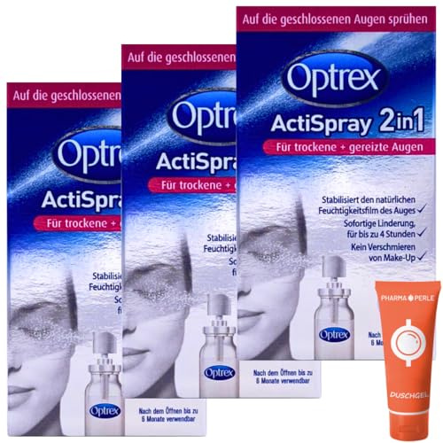 Optrex ActiSpray 2in1 Augenspray 3x 10 ml I Für trockene & gereizte Augen I Stabilisiert den Tränenfilm I Kontaktlinsen- & Make-up-geeignet I ideal für unterwegs I Spar-Set plus Pharma Perle give-away