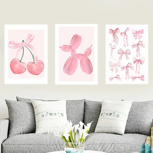 Xiyocadt 3er Rosa Poster Set, Ästhetische Rosa Fliege Kirsche Wandbilder, Leinwand Bilder Set Für Schlafsaal Teen Mädchen Zimmer Deko,Ohne Rahmen (30x40 cm)
