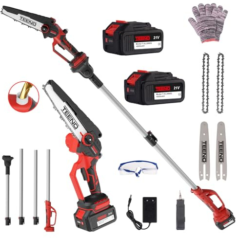 TEENO Segatrice elettrica, segatrice elettrica 2 in 1, asta telescopica - staccabile - regolazione a 180°, 6 pollici, 2 batterie da 4000 mAh, 2 piastre di guida, 2 catene