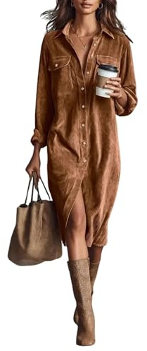 Vestidos de invierno para mujer, vestido de pana para mujer, vestido camisero con botones de manga larga, vestido informal de tela suave con bolsillos en el pecho y cuello para uso diario oficina, 01