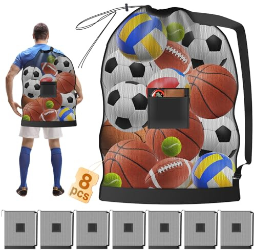 Sacco da pallone extra grande, in rete, 95 x 75 cm, robusta custodia con coulisse, rete da calcio con tracolla e tasca, rete per pallacanestro da 8 a 10 pallavolo