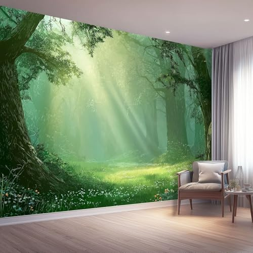 Papier Peint Forêt Enchantée Lumineuse Fantaisie - Art Mural Imprimé en Non-Tissé, Tapisserie Vert – Poster Mural Effet 3D, Tapisserie Intissé pour Chambre Enfant, Ado et Bureau,350 x 256(WxH)