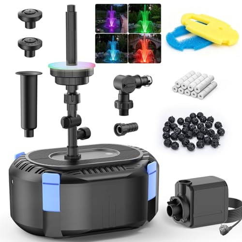 Hitauing All-in-OneTteichpumpe 35W mit automatischer bunter LED, Teichpumpe für Außen mit 3 Sprühbildern, Springbrunnen-Set mit 2000 L/H Wasserpumpe für Garten, Wasserspiele, Vogeltränken
