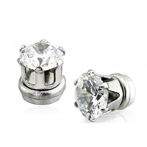 BlackAmazement 2er Set Magnet Fake Plug Non-Piercing Prong CZ Zirkonia klar Silber Damen Herren (Größe - 6 mm)