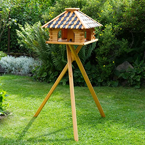 Vogelhaus Futterhaus Futterhäuschen Vogelvilla mit Holzschindeldach in versch. Farben und Solarbeleuchtung, wahlweise mit oder ohne Vogelhausständer V20, Farbe|Größe:Braun/Schwarz|mit Ständer