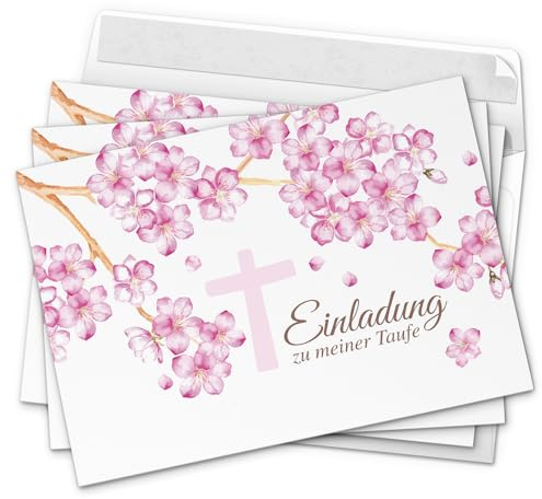 10 x Einladung zur Taufe/Einladungskarten mit Umschlag im Set/Motiv: Kirschblüten Rosa mit Kreuz/Baby Taufkarte/Grußkarte/Postkarte /