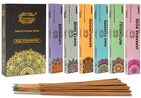 raajsee 100% Organic Hand Rolled Incense Sticks 6 Pack Variety Set 15gm Each,Nagchampa-Lavender-Sandalwood-Patchouli-Japanese Rose-White Sage- Perfect For Church,Aromatherapy,Relaxation Meditation