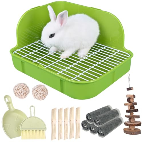 RUBYHOME Rabbit Litter Box Toilet, Plastic Square Cage Box Potty Trainer Corner Litter Bedding Box Pet Pan for Small Animals, Rabbits, Guinea Pigs, Chinchilla, Ferret, Galesaur, 11.4 Inches (Green)