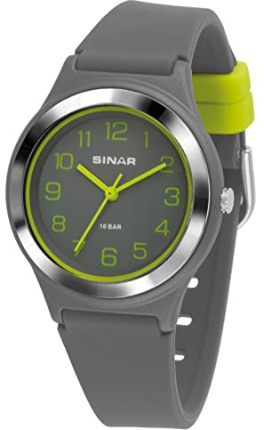 SINAR Jungen-Armbanduhr Jugend Sportuhr Fitness Analog Quarz 10 Bar wasserdicht Silikonband Grau Gelb XB-48-1