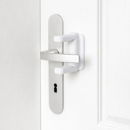 Türdrückerschloss zum Kleben, für Kinder und Haustiere, 2 Stück, wieder-verwendbar, mit 2-Druck-Knopf-System, Kindersicherung für Fenster, Tür Babysicherung, Türgriff Schutz, Türklinken Sicherung