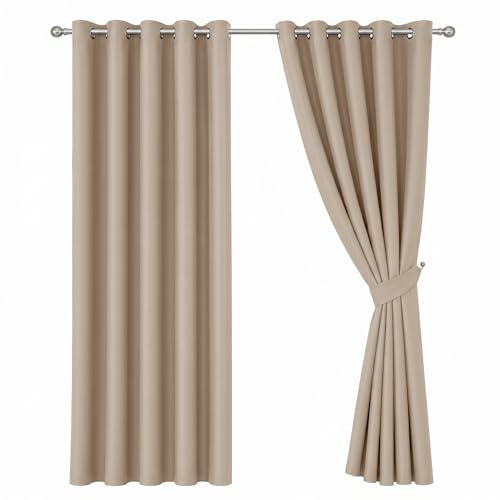 Oxford Homeware Blackout Curtains for Bedroom Beige 46x54 Inch Eyelet Curtains for Living Room Privacy Protection Thermal Curtains 2 Panels with Tiebacks