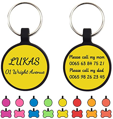 Uiopa 2 Stück Hundemarke mit Gravur, Knochen/Runde Hundemarke Personalisiert Silikon Adressanhänger Hund und Katze Hundemarken, Hundehalsband Anhänger für Hunde und Katzen (Runden Gelb)